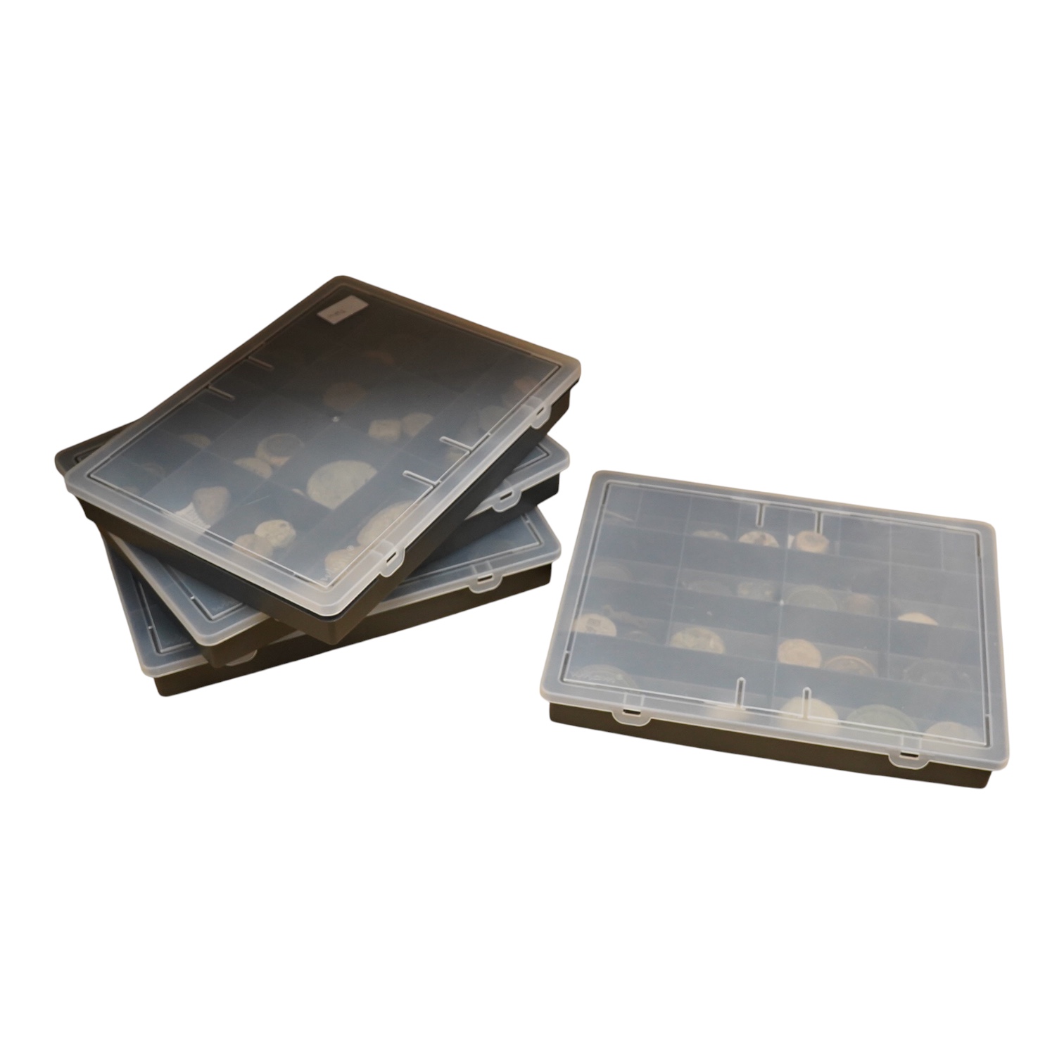 A collection of 16th century to 19th century bronze and lead circular trade weights, stamped with Royal Cyphers, weights, proof marks, the assay dagger for London, etc., contained within four plastic collector’s trays